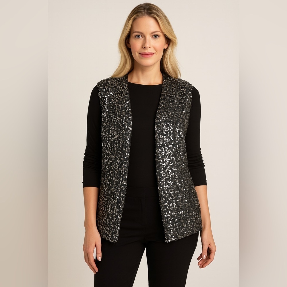 Vintage UNBRANDED Allover Sequins Vest Women’s M Open Front Black Silver Jacket
